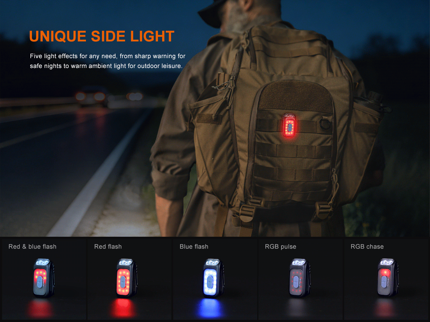 Fenix E04R bočné výstražné svetlo na batohu, päť efektov od červeno-modrého blikania po RGB pulz a RGB chase