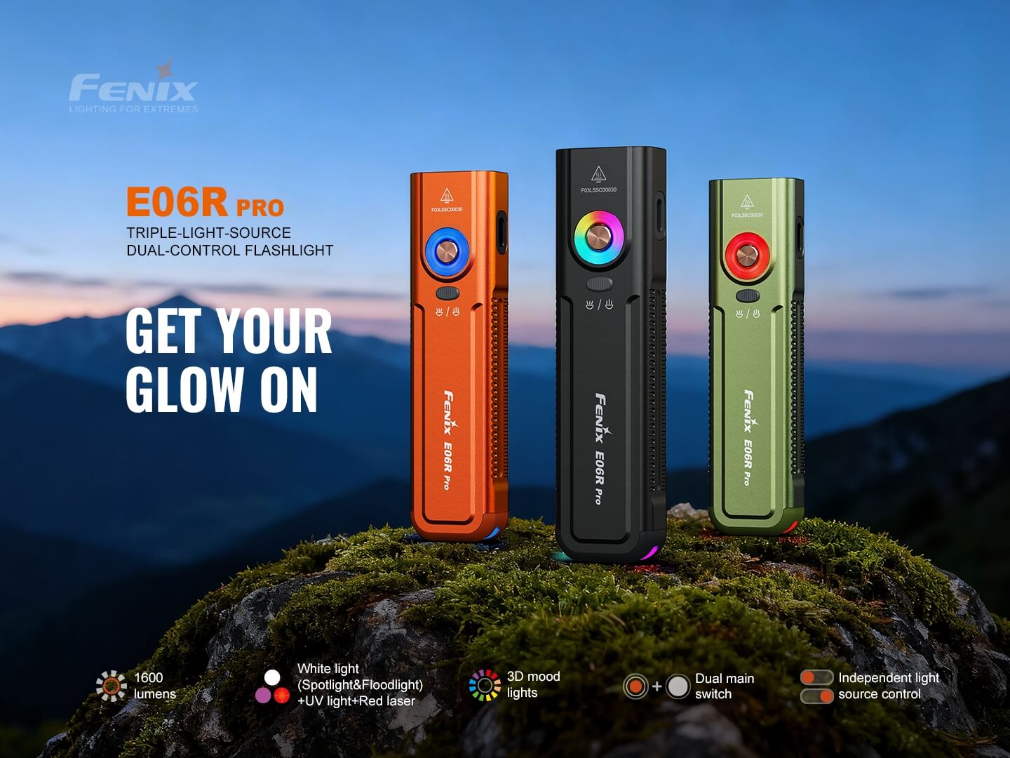 Fenix E06R PRO plochá EDC baterka v oranžovej, čiernej a zelenej farbe s farebným 3D svetelným krúžkom