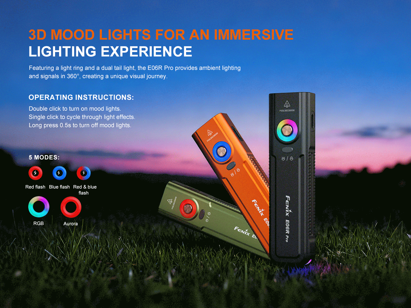 Fenix E06R PRO 3D svetelný krúžok s piatimi farebnými efektmi na atmosféru aj na signalizáciu na 360°