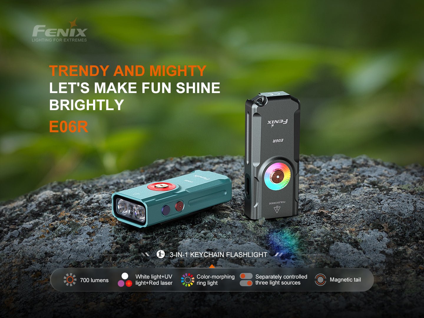 Fenix E06R plochá kľúčenka 3 v 1 s bielym svetlom 700 lúmenov, UV svetlom, červeným laserom a farebným krúžkom