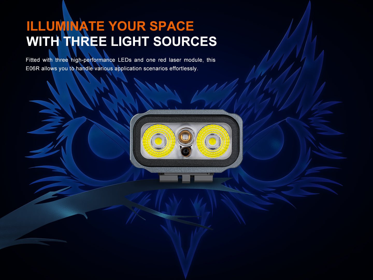 Fenix E06R hlava s dvoma bielymi LED Luminus SST12, UV LED a modulom červeného lasera spredu