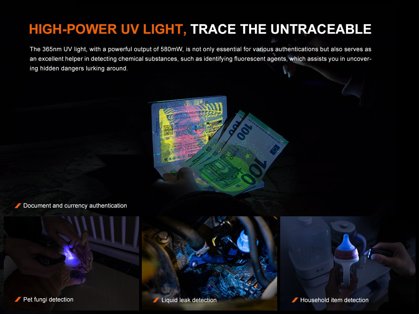 Fenix E06R UV svetlo 365 nm s výkonom 580 mW pri overovaní dokladov a bankoviek a hľadaní únikov kvapaliny
