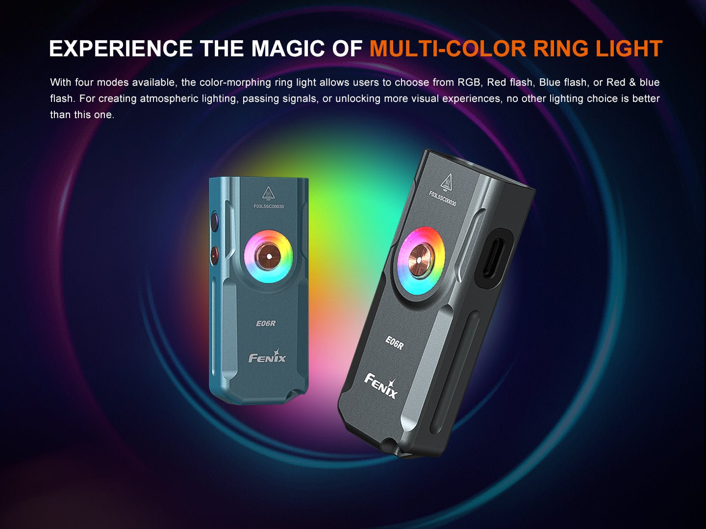 Fenix E06R farebný svetelný krúžok okolo hlavného spínača v režimoch RGB, červené a modré blikanie