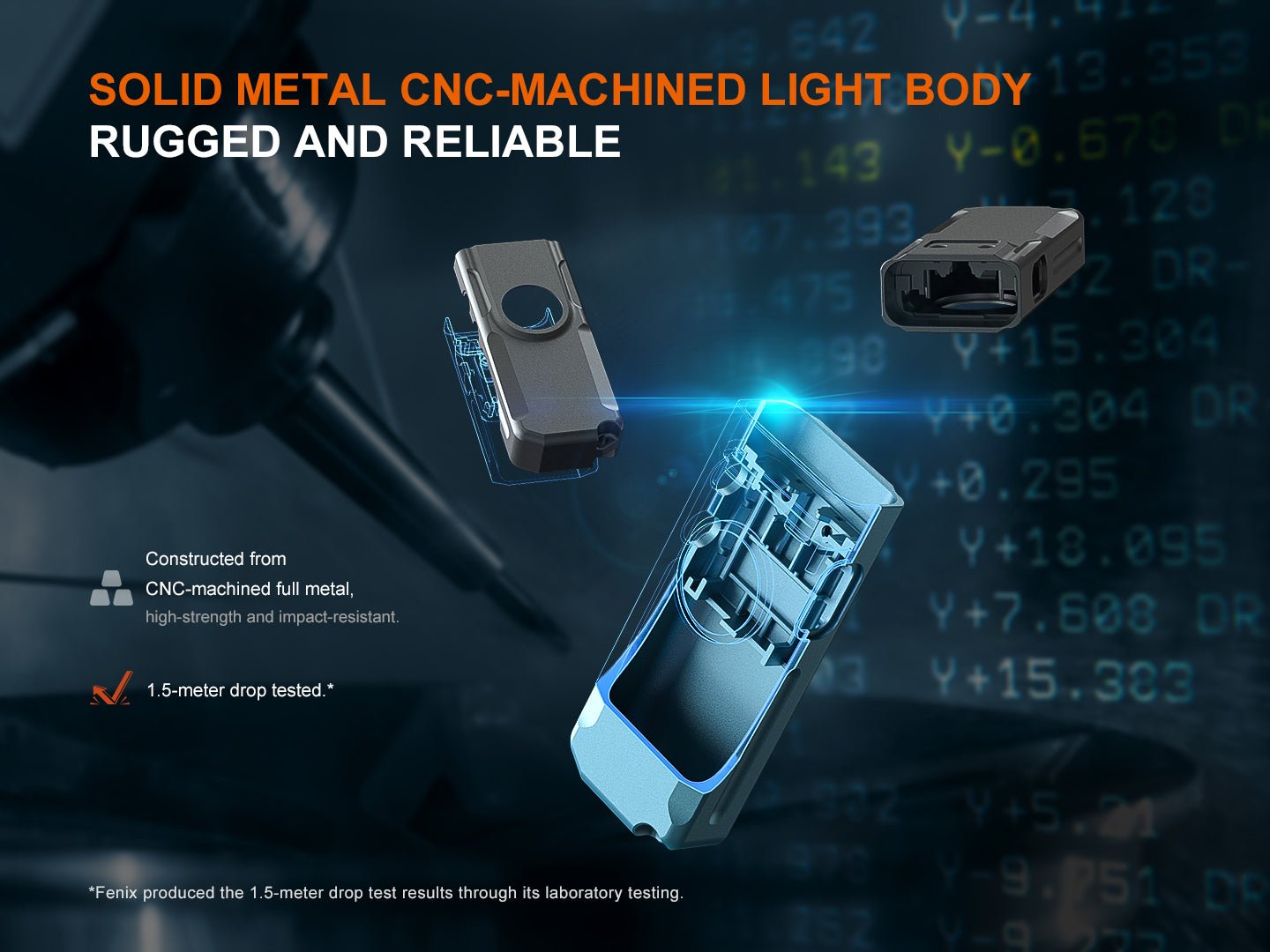 Fenix E06R celokovové telo frézované CNC, pevné a odolné proti nárazu, v teste Fenix pád z 1,5 metra