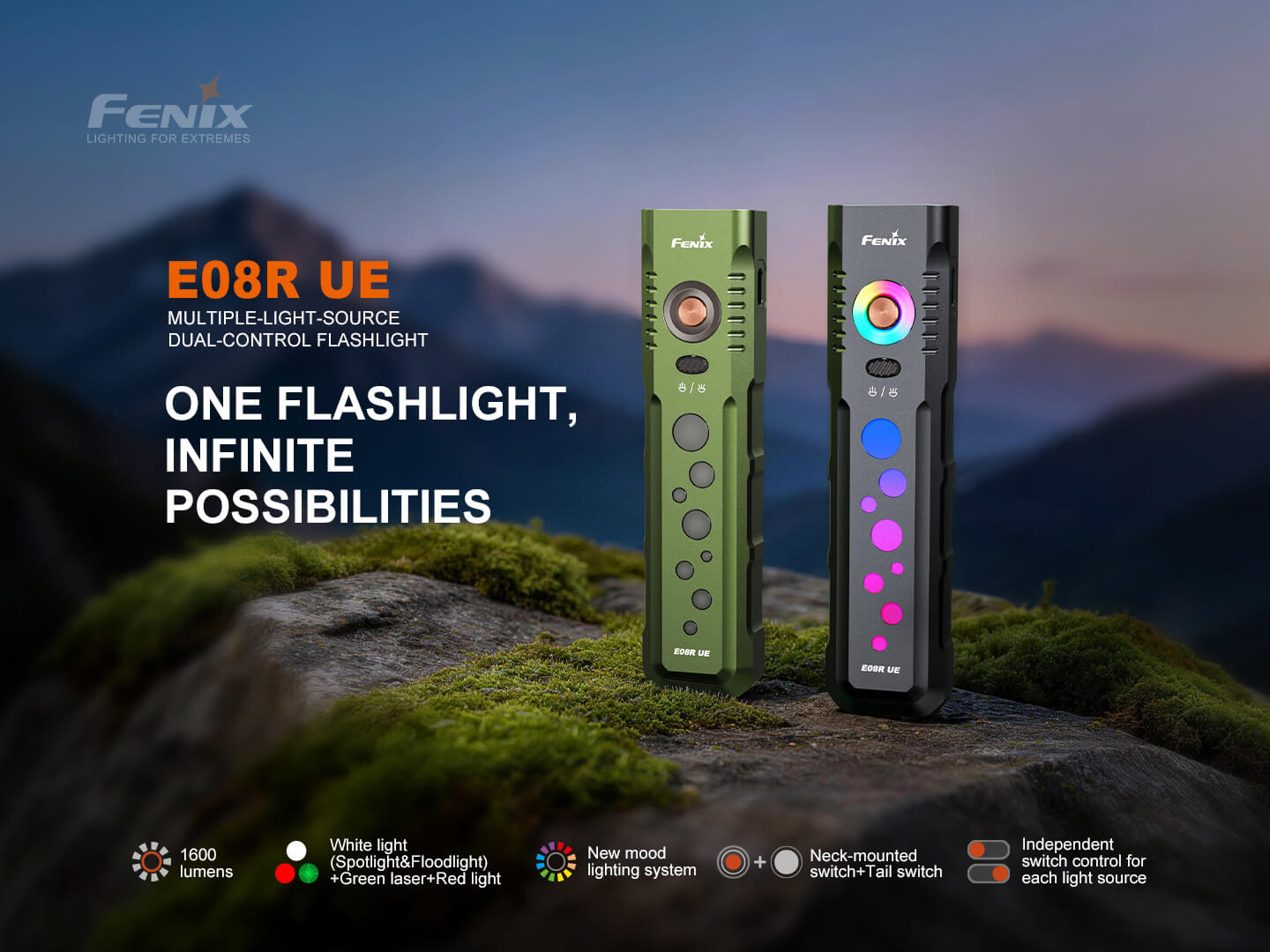 Fenix E08R UE plochá EDC baterka v čiernej a zelenej farbe s bielym a červeným svetlom a zeleným laserom