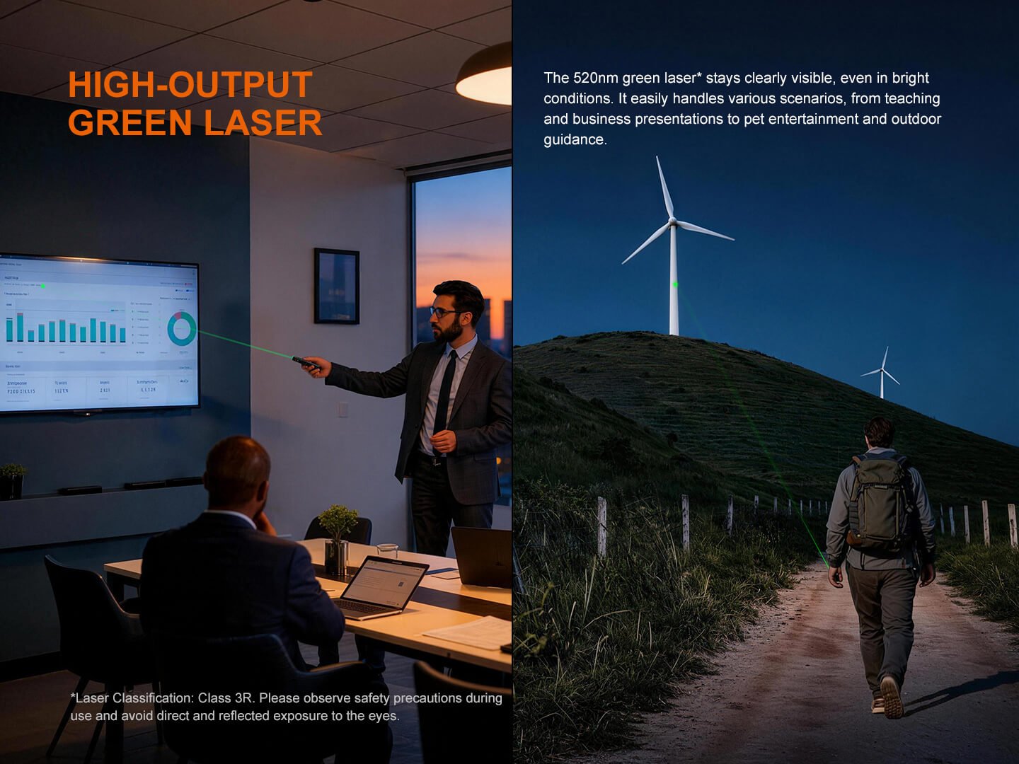 Fenix E08R UE zelený laser 520 nm triedy 3R ako ukazovátko pri prezentácii a pri ukazovaní smeru vonku