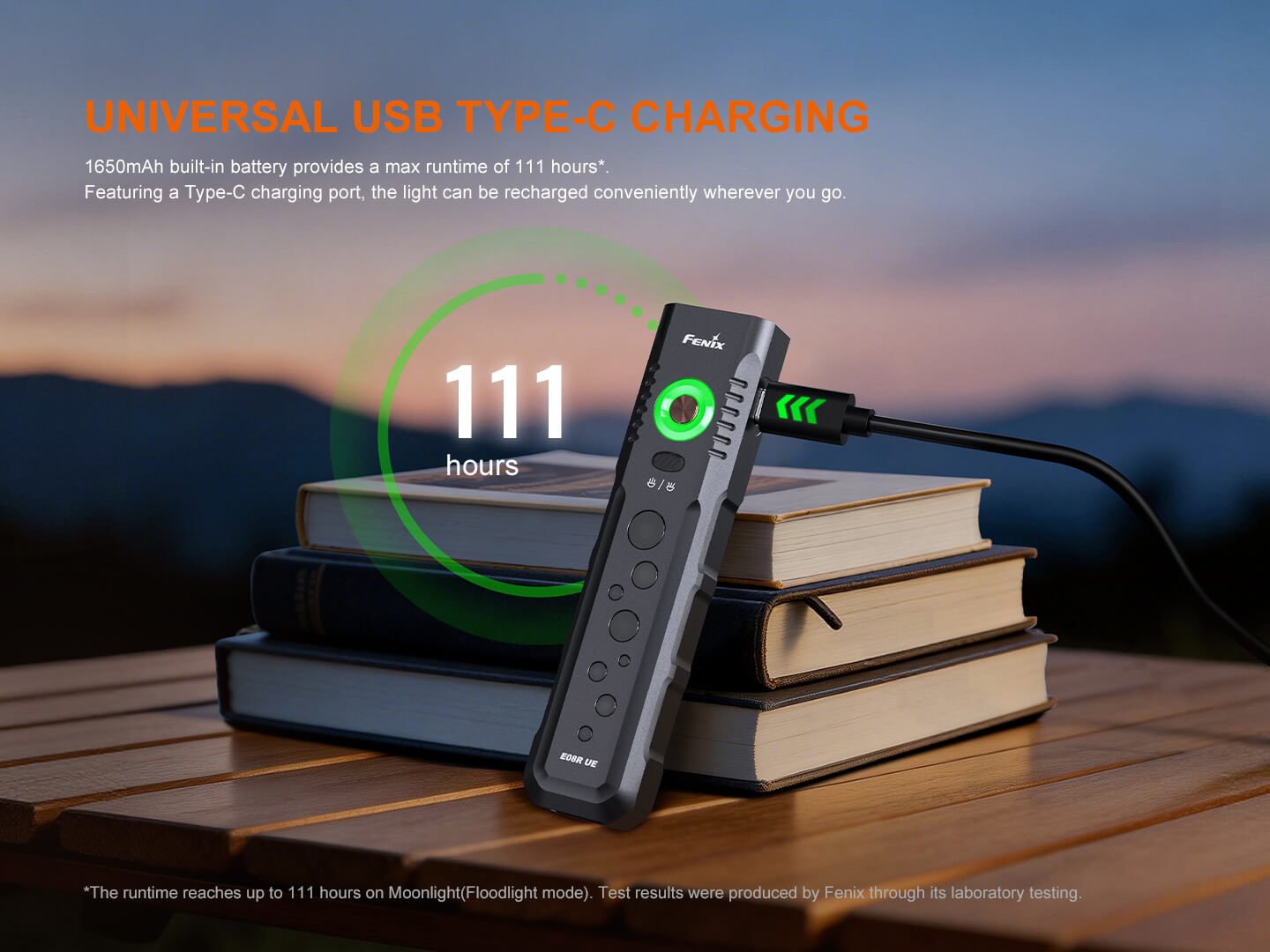 Fenix E08R UE nabíjanie cez USB-C, zabudovaný akumulátor 1650 mAh a výdrž až 111 hodín na stupni Moonlight