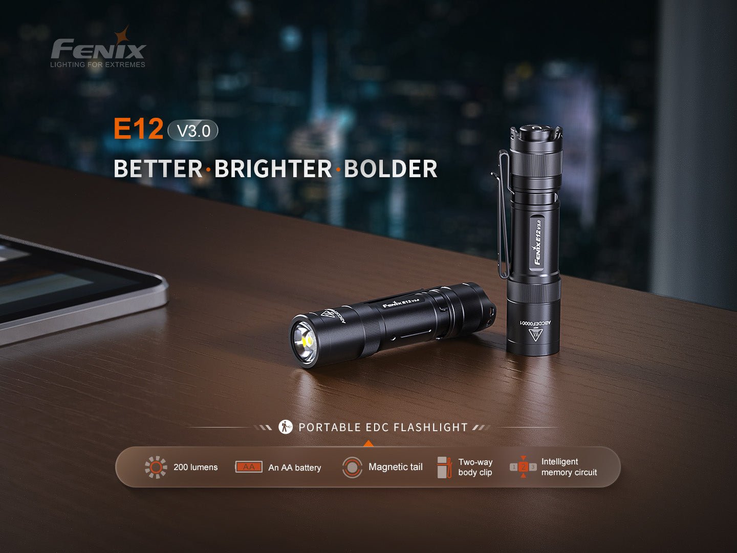 Fenix E12 V3.0 vrecková EDC baterka na jednu batériu AA s výkonom 200 lúmenov, magnetickým chvostom a sponou
