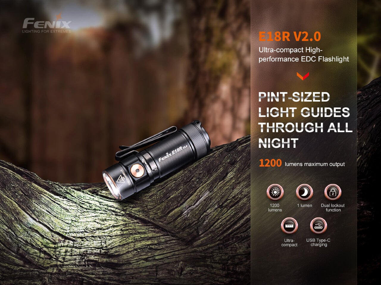 Fenix E18R V2.0 ultrakompaktná EDC baterka s výkonom 1200 lúmenov, mesačným režimom 1 lúmen a nabíjaním USB-C