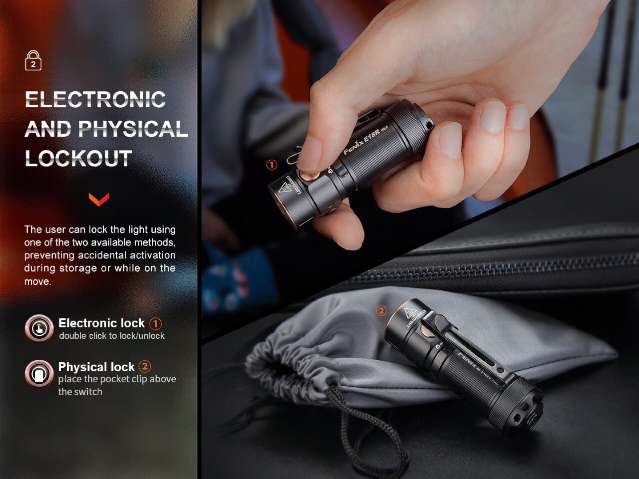 Fenix E18R V2.0 elektronický zámok dvojklikom na spínač a mechanický zámok sponou otočenou nad spínač