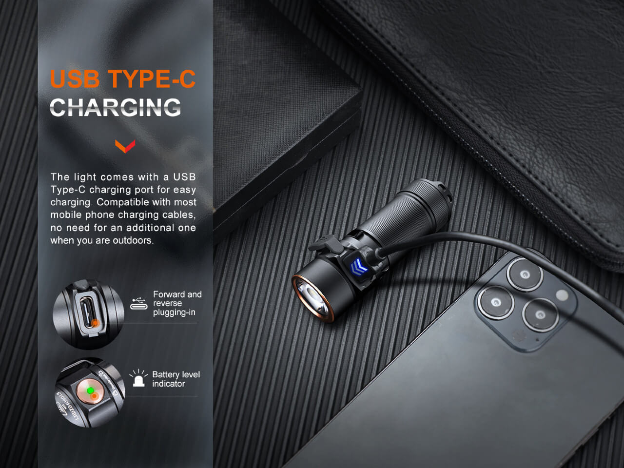 Fenix E18R V2.0 nabíjanie cez port USB-C v tele, konektor oboma stranami a indikátor stavu v spínači