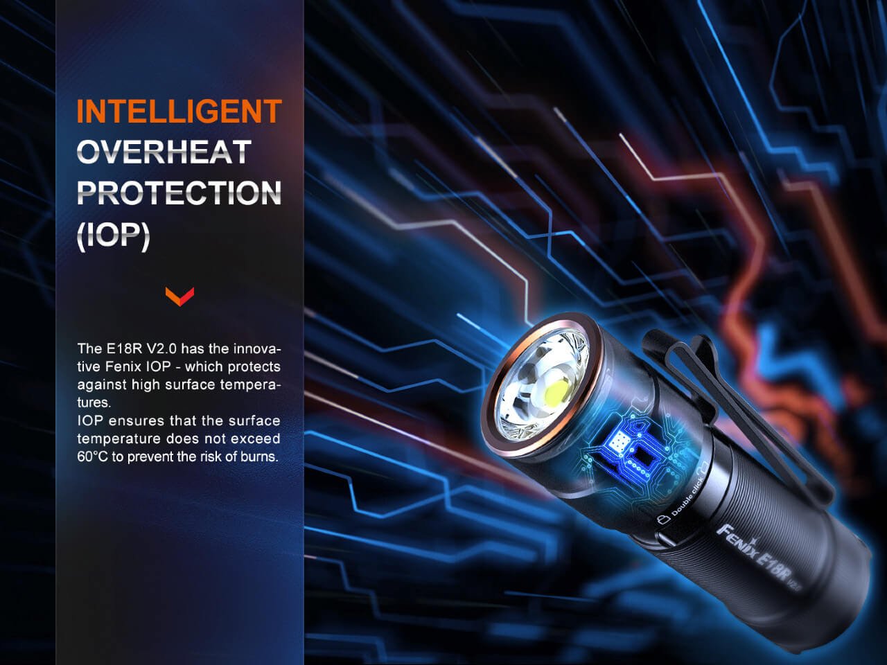 Fenix E18R V2.0 inteligentná ochrana pred prehriatím IOP, ktorá pri teplote 60 °C sama zníži výkon