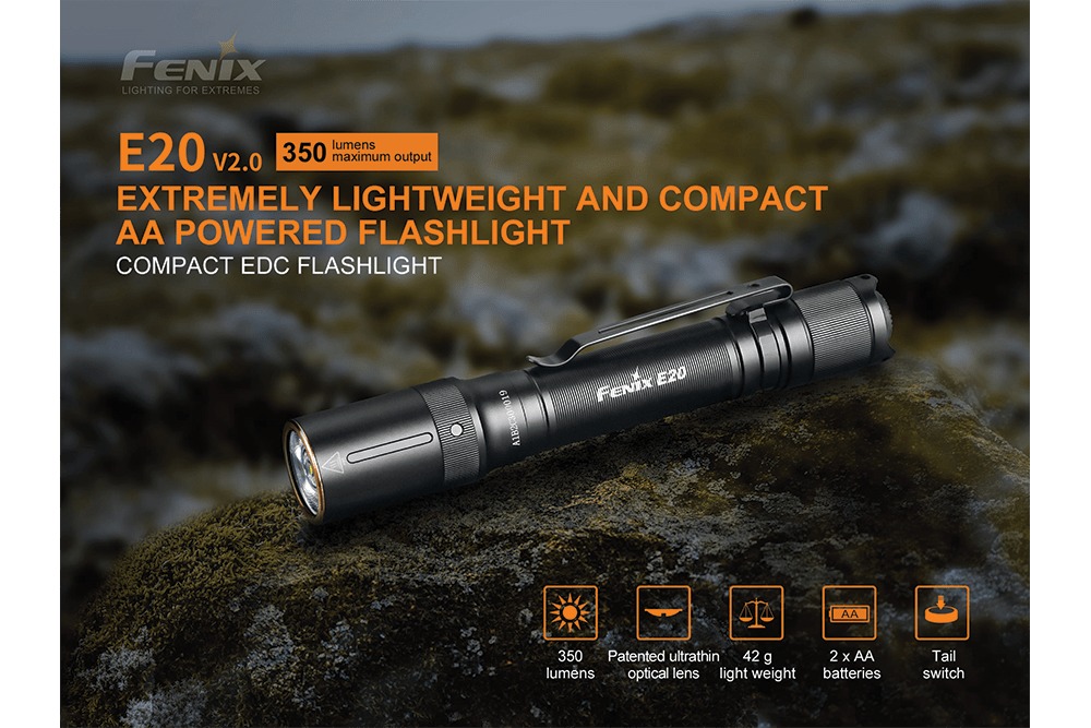 Fenix E20 V2.0 ľahká kompaktná EDC baterka na dve batérie AA s výkonom 350 lúmenov a chvostovým spínačom