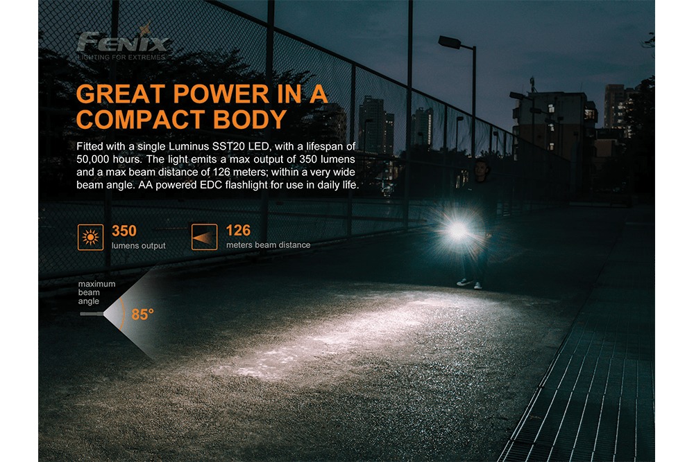 Fenix E20 V2.0 s LED Luminus SST20, výkonom 350 lúmenov a dosvitom 126 metrov svieti večer na mestský chodník