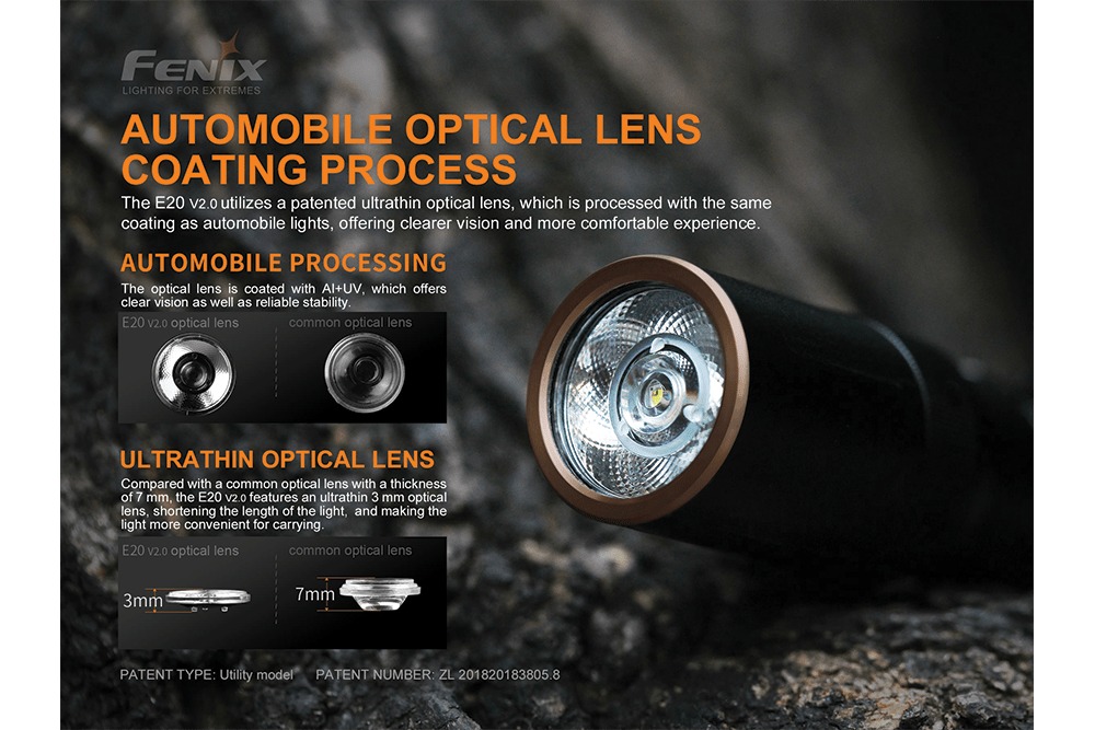 Fenix E20 V2.0 patentovaná ultratenká optická šošovka hrubá 3 mm s povrchovou vrstvou ako na svetlách áut