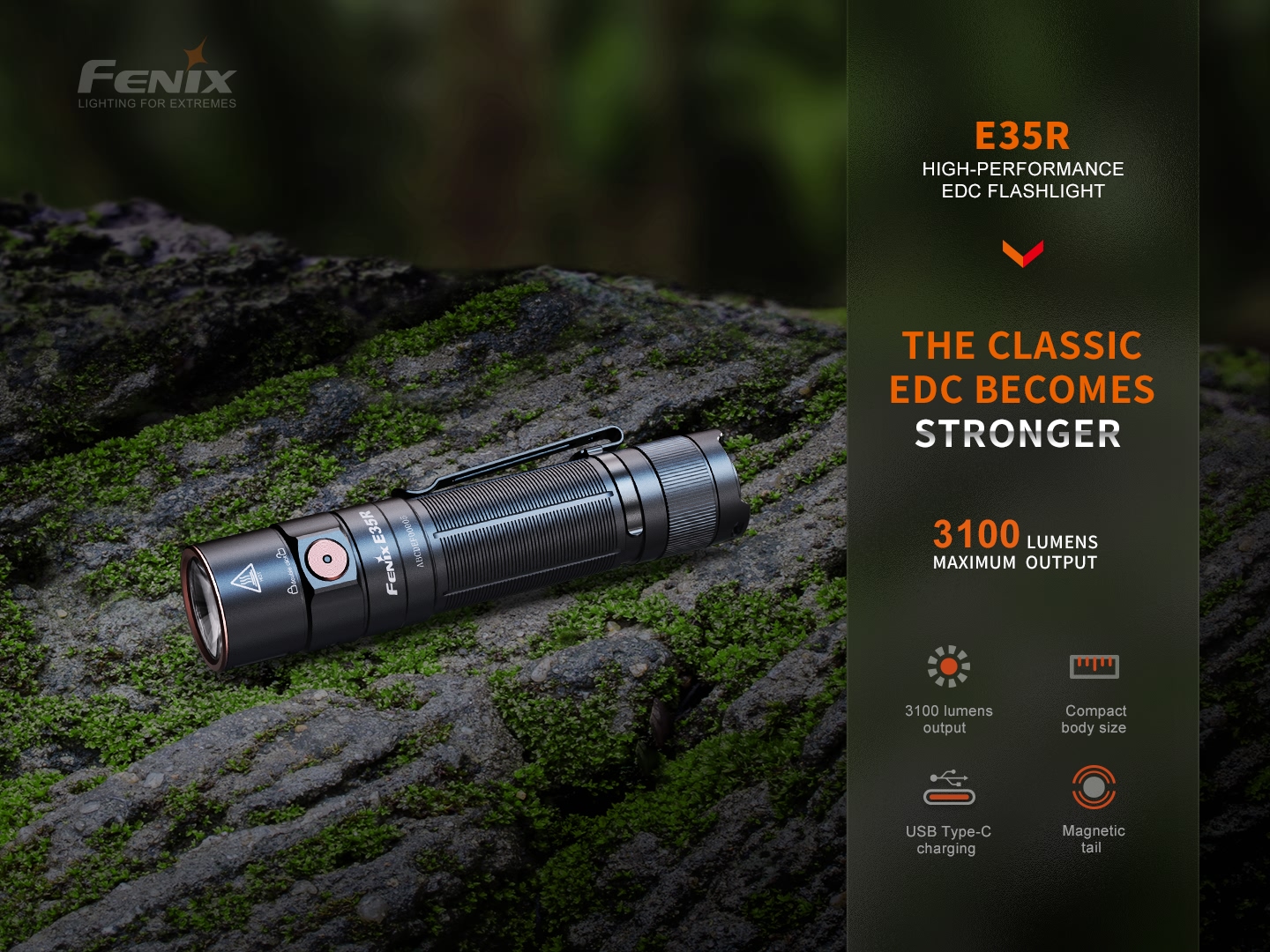 Fenix E35R výkonná EDC baterka 3100 lúmenov so sponou, nabíjaním USB-C a magnetickým chvostom na machu