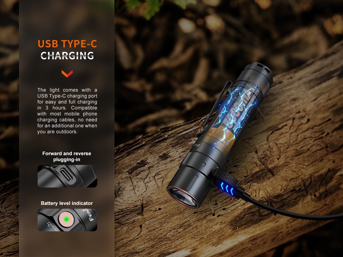 Fenix E35R nabíjanie cez port USB-C na krku baterky asi za 3 hodiny, obojstranný konektor a kontrolka v spínači
