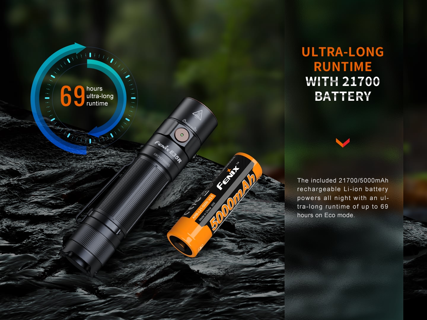Fenix E35R s akumulátorom ARB-L21-5000 V2.0 typu 21700 a kapacitou 5000 mAh, na stupni Eco vydrží až 69 hodín
