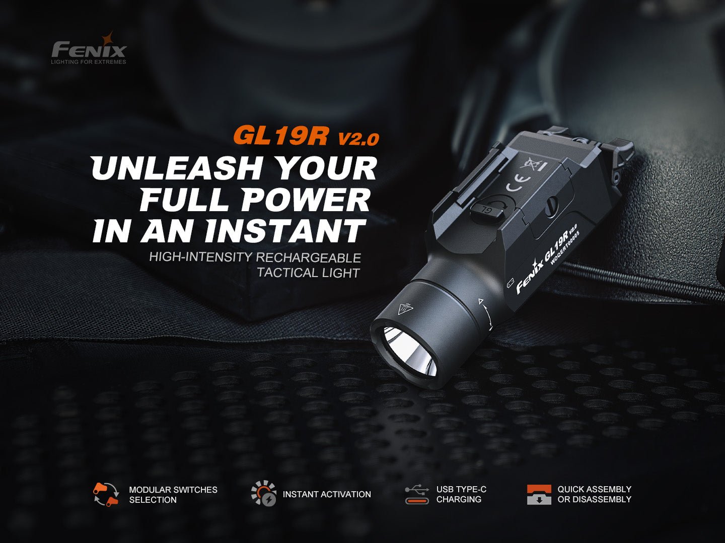 Fenix GL19R V2.0 nabíjateľné taktické svetlo na zbraň s výkonom 1200 lúmenov, nabíjaním USB-C a rýchlou montážou