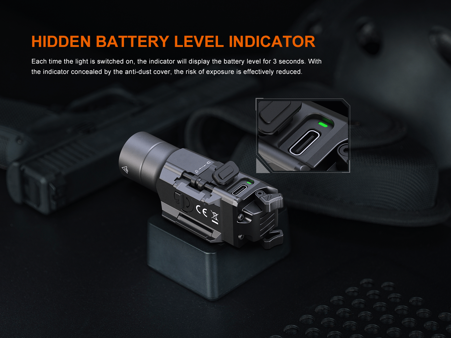 Fenix GL19R V2.0 ukazovateľ stavu akumulátora pod protiprachovou krytkou pri porte USB-C svieti 3 sekundy
