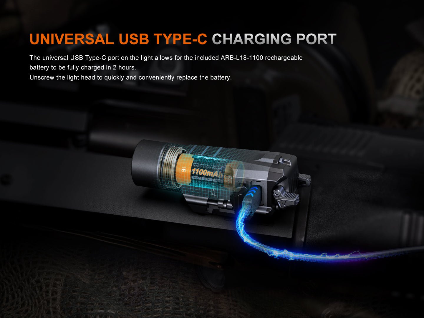 Fenix GL19R V2.0 nabíjanie cez port USB-C na tele, akumulátor 18350 ARB-L18-1100 s kapacitou 1100 mAh za 2 hodiny