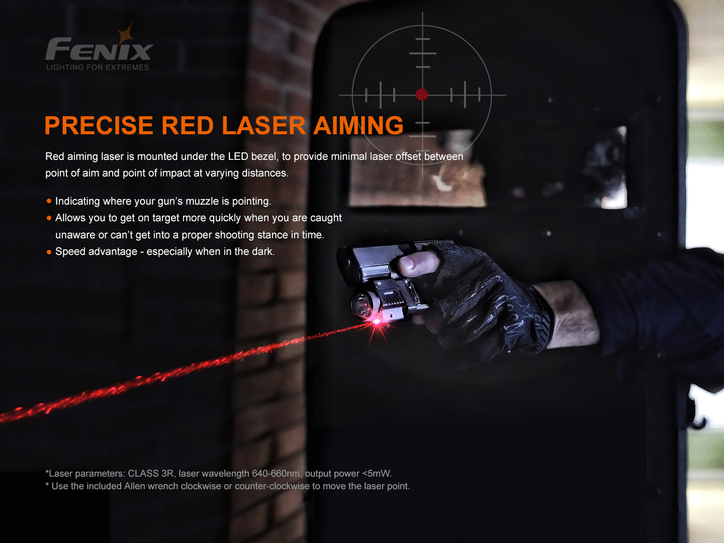Fenix GL22 červený laser triedy 3R s vlnovou dĺžkou 640 až 660 nm pod rámikom LED, nastaviteľný imbusom