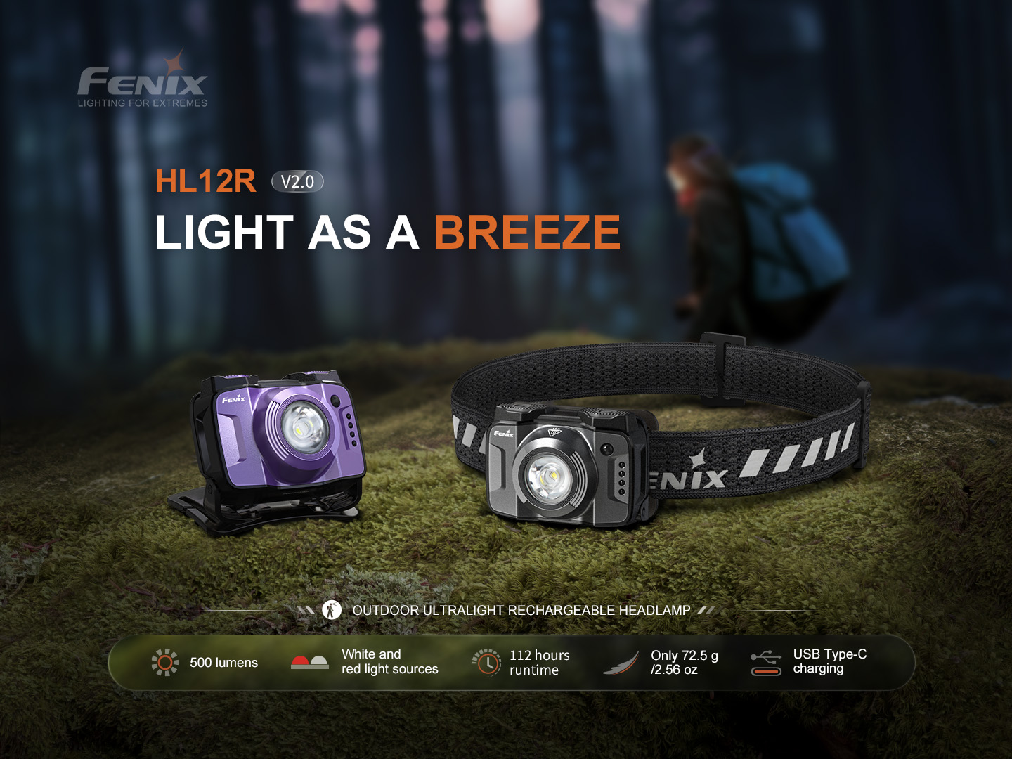 Fenix HL12R V2.0 ultraľahká čelovka 500 lúmenov v tmavosivej a fialovej farbe na machom obrastenom kameni v lese