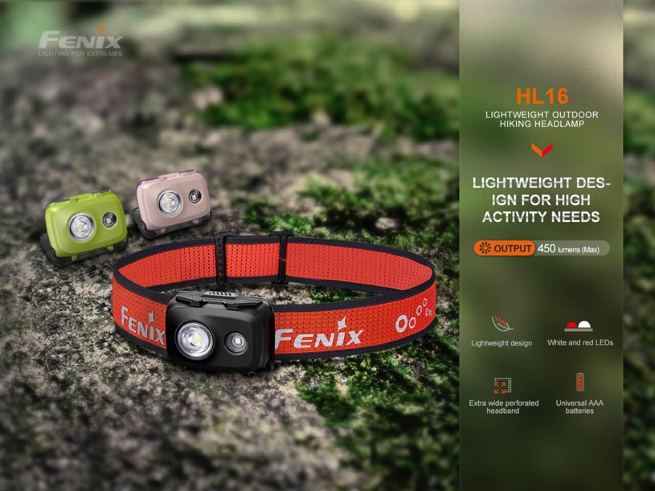 Fenix HL16 ľahká outdoorová čelovka na tri batérie AAA s bielym a červeným svetlom a širokou perforovanou čelenkou
