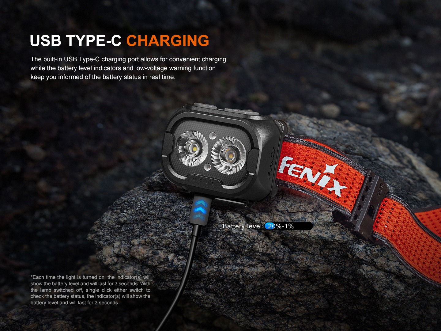 Fenix HL18R-T V2.0 nabíjanie cez port USB-C na spodnej strane hlavy a štyri indikátory stavu akumulátora