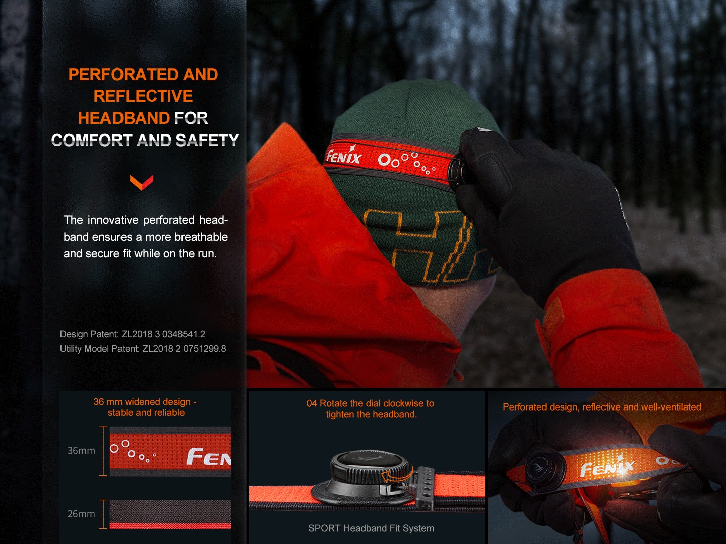 Fenix HL32R-T perforovaná reflexná čelenka široká 36 mm s kolieskom SPORT Headband Fit System, bežec si ju nastavuje