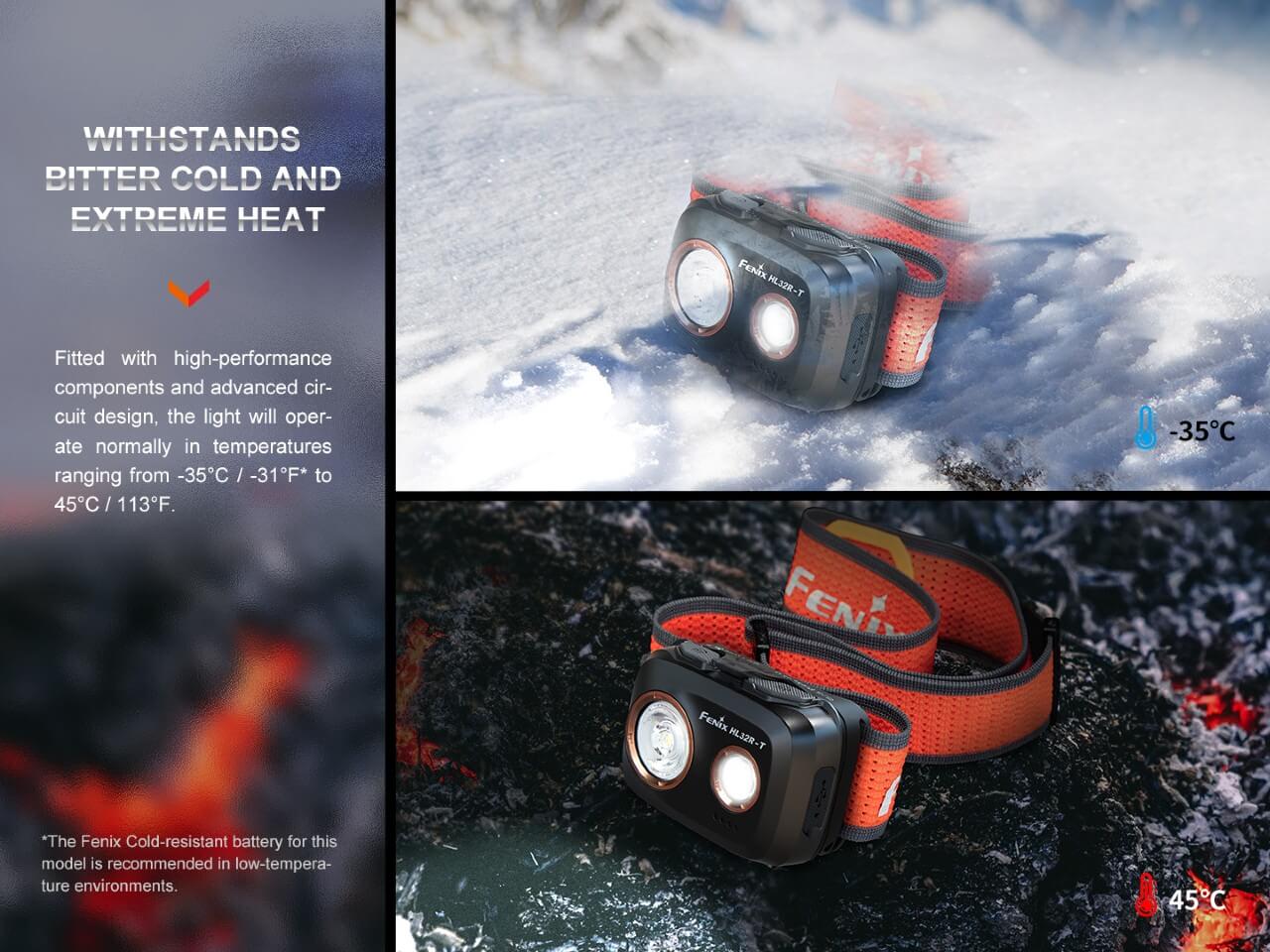 Fenix HL32R-T v snehu a na rozžeravených uhlíkoch, prevádzková teplota od −35 °C do 45 °C pre zimu aj leto