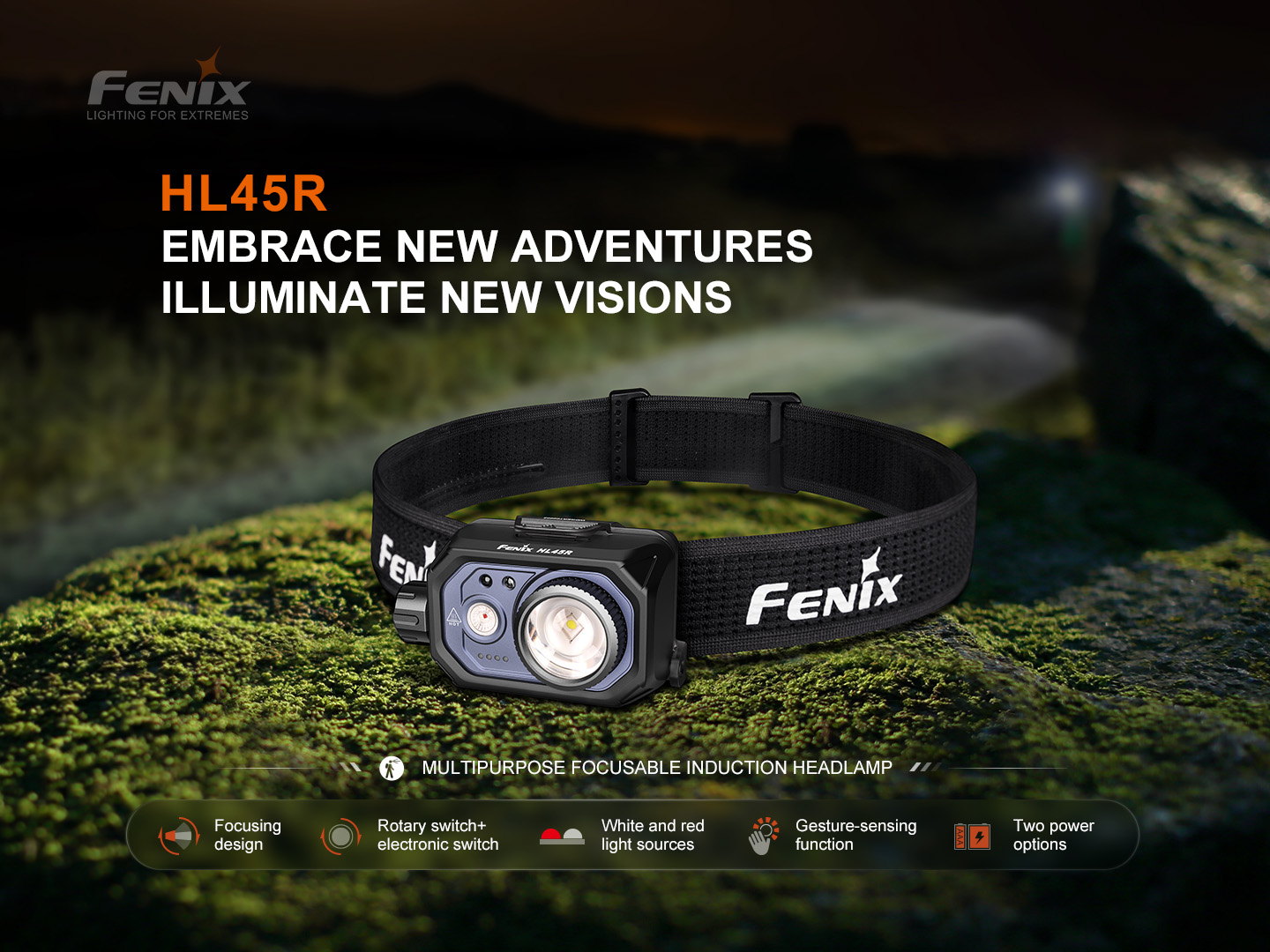 Fenix HL45R na čelenke na machovom kameni v noci, zaostrovacia čelovka s otočným spínačom, gestom a dvoma zdrojmi napájania