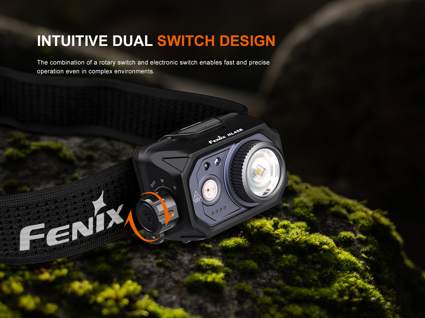 Fenix HL45R detail otočného spínača s polohami OFF, W a R a elektronického tlačidla na zámok a voľbu svetla