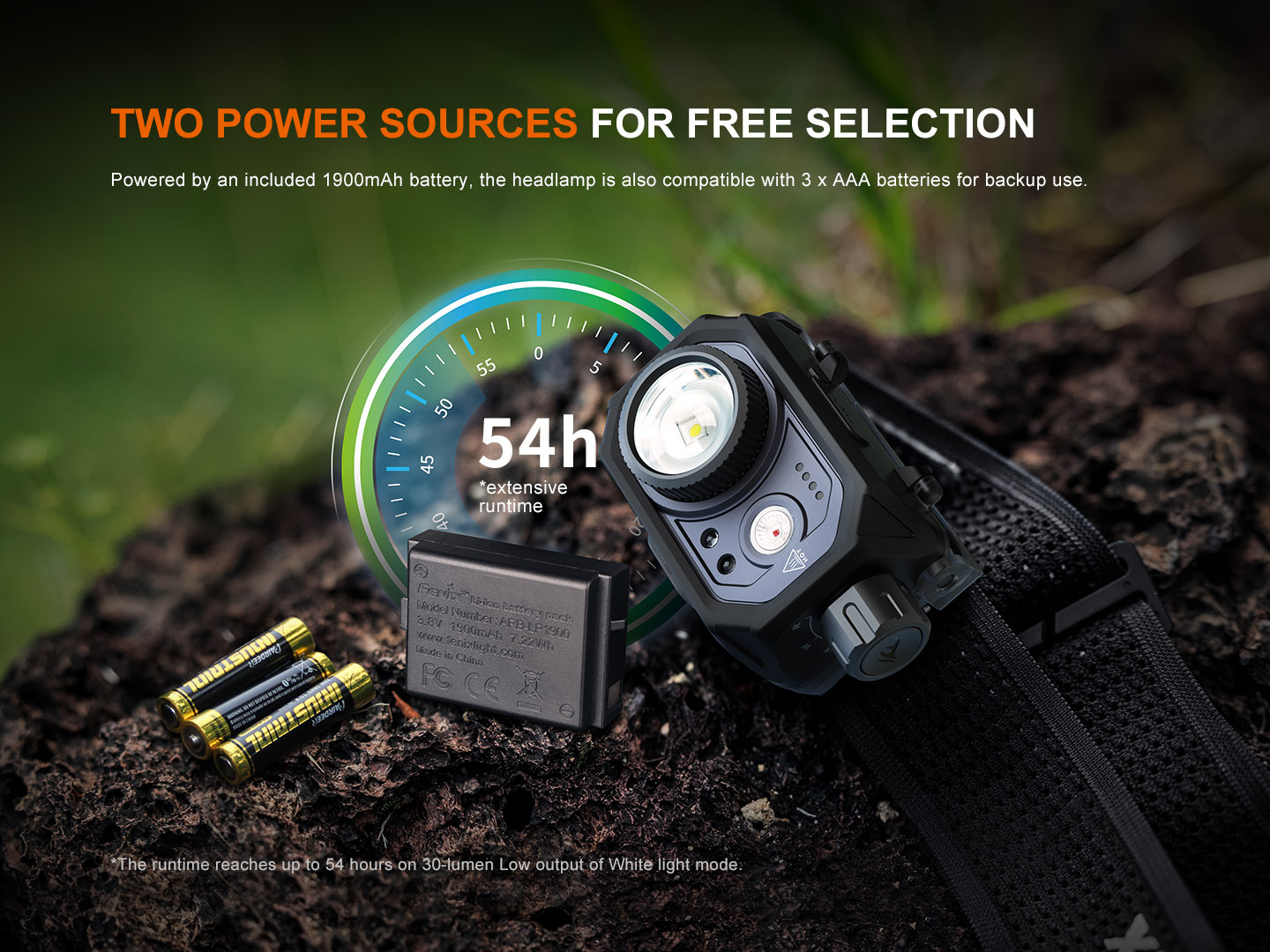 Fenix HL45R s vybratým akumulátorom ARB-LP1900 1900 mAh a tromi batériami AAA, výdrž až 54 h na 30 lm