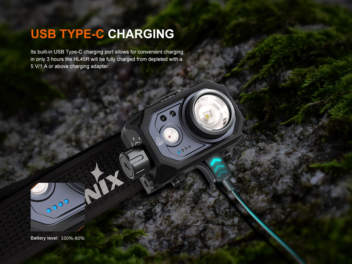 Fenix HL45R nabíjanie káblom USB-C na machovom kameni a štvorbodový indikátor stavu akumulátora