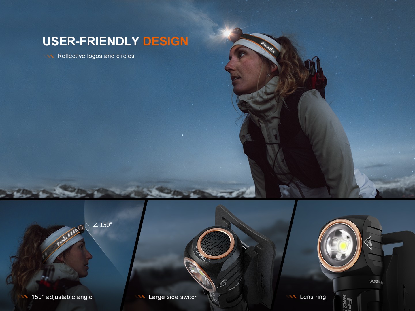 Fenix HM23 V2.0 na čele turistky na hrebeni, reflexné prvky čelenky, sklon 150°, bočné tlačidlo a krúžok šošovky