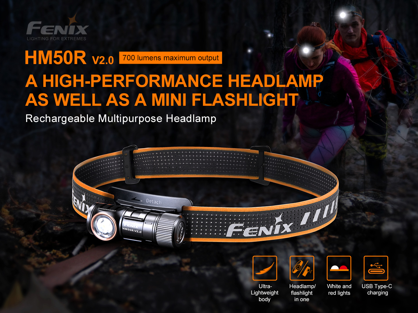 Fenix HM50R V2.0 na perforovanej čelenke s reflexnými pruhmi, nabíjateľná čelovka a mini baterka so 700 lúmenmi