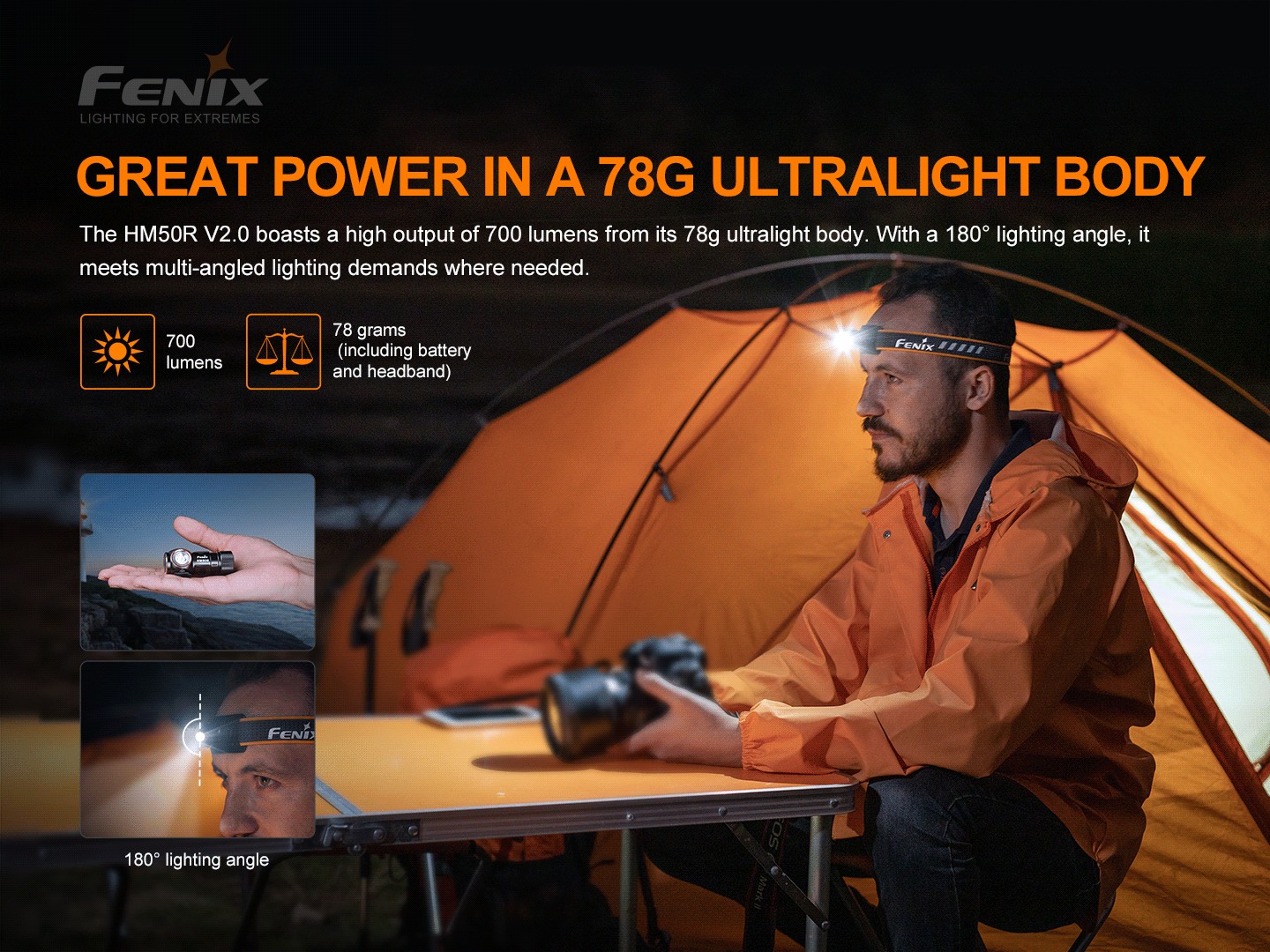Fenix HM50R V2.0 na čele fotografa pri stane, ultraľahká čelovka 78 g so 700 lúmenmi a sklonom svetla 180°