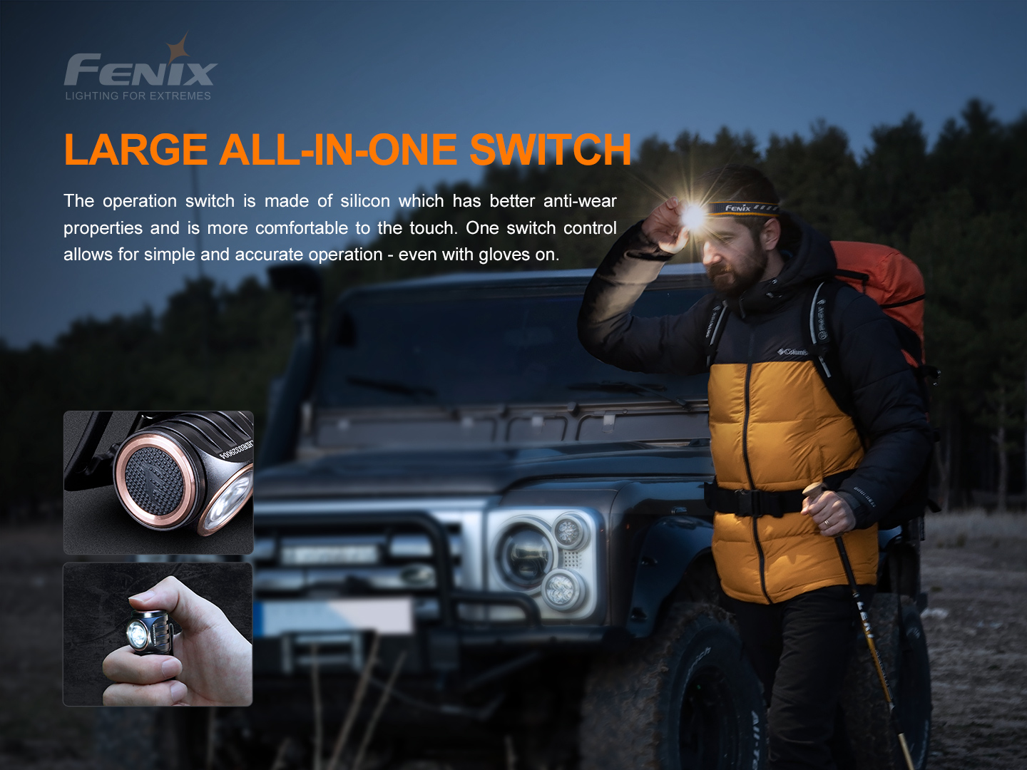 Fenix HM50R V2.0 na čele turistu pri terénnom aute, veľké silikónové tlačidlo ovládateľné aj v rukaviciach