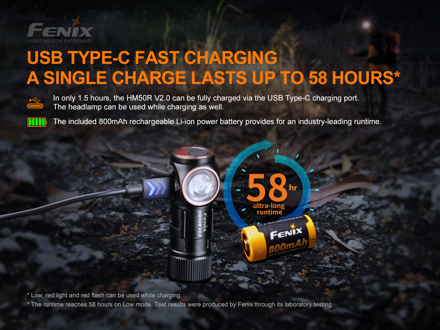 Fenix HM50R V2.0 pri nabíjaní cez port USB-C, vedľa akumulátor Fenix 800 mAh s výdržou až 58 hodín na 30 lúmenoch
