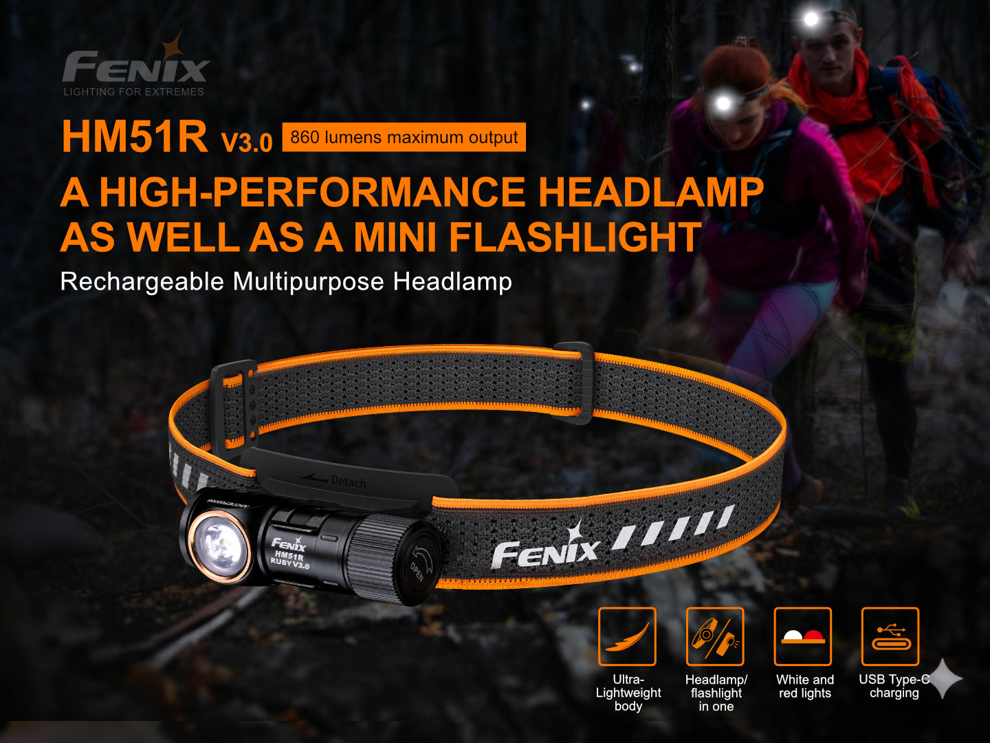 Fenix HM51R Ruby V3.0 nabíjateľná čelovka a mini baterka v jednom, 860 lúmenov, biele a červené svetlo, USB-C