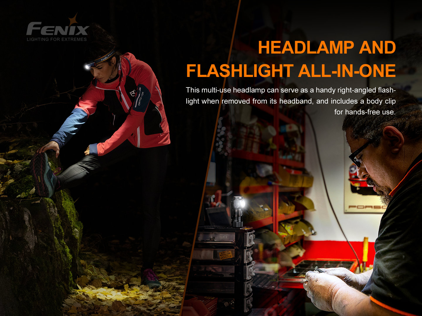 Fenix HM51R Ruby V3.0 vybratá z popruhu ako pravouhlá baterka so sponou pri behu v noci aj pri práci v dielni