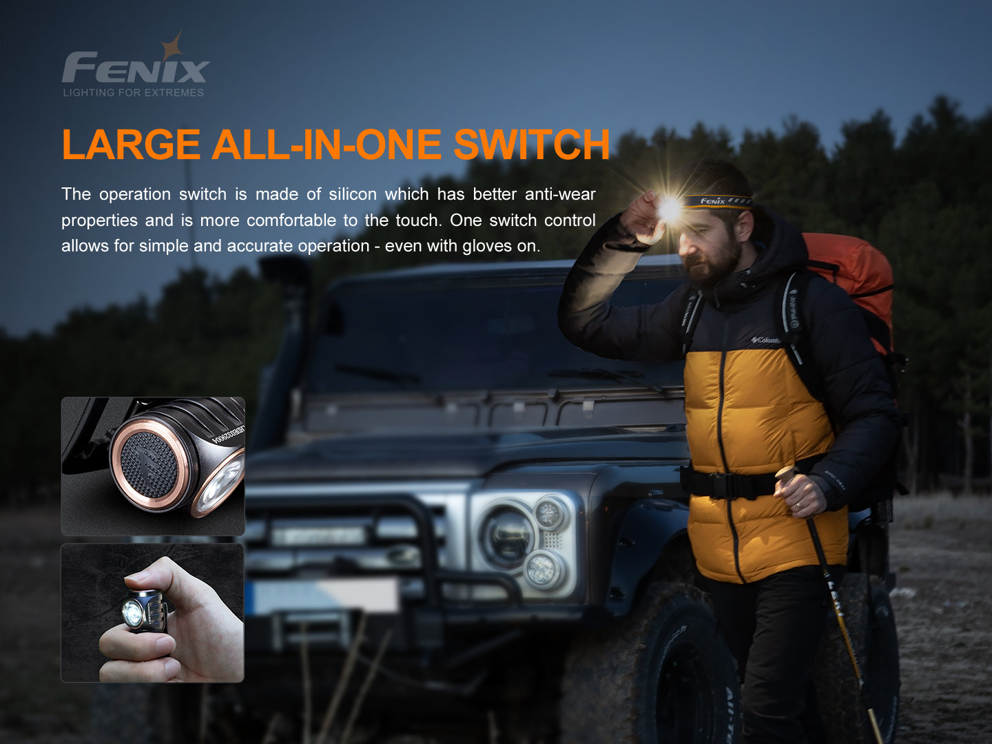 Fenix HM51R Ruby V3.0 veľké silikónové tlačidlo, jednoduché ovládanie jedným spínačom aj v rukaviciach
