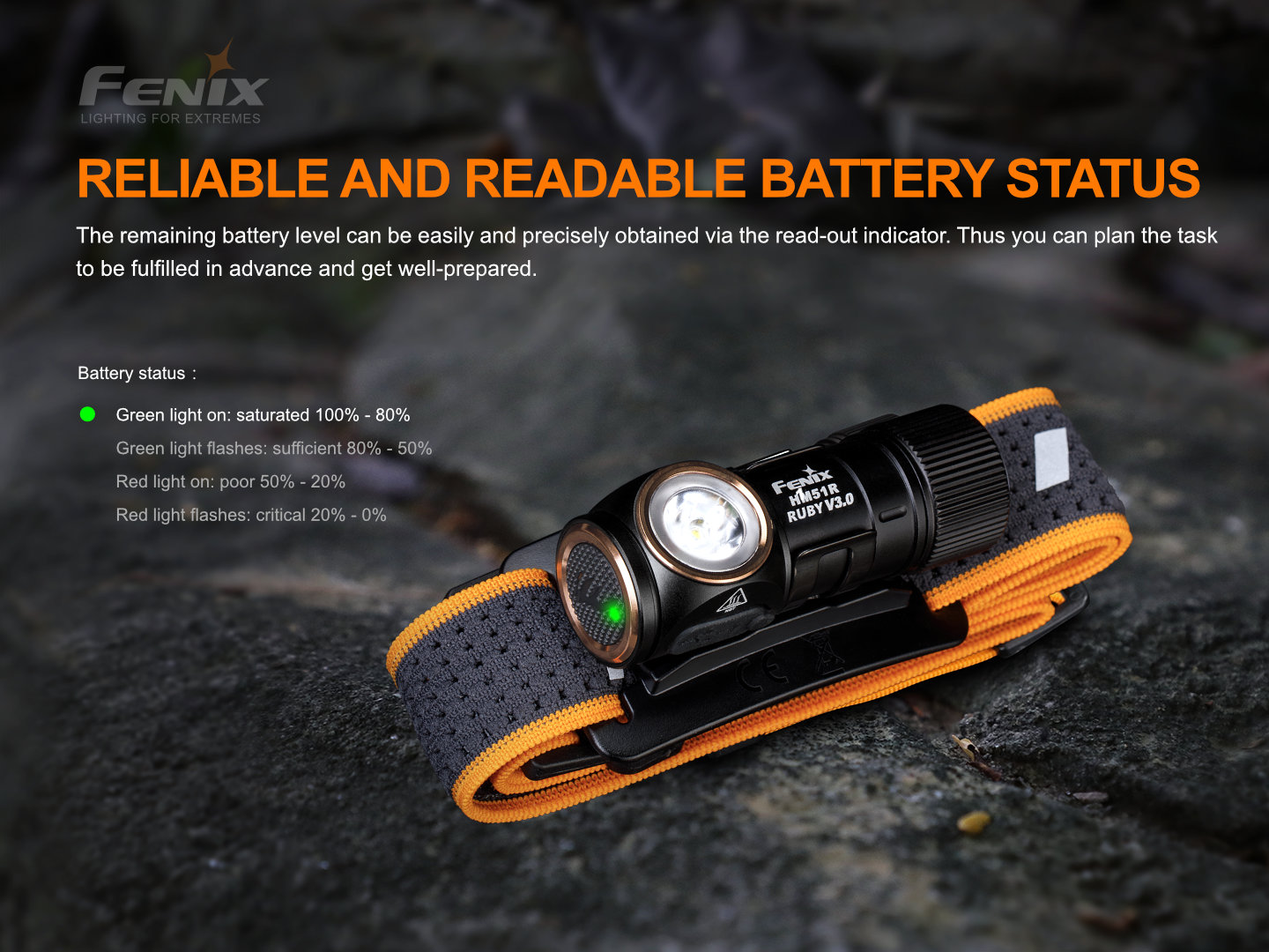Fenix HM51R Ruby V3.0 indikátor stavu akumulátora v tlačidle, zelená a červená v štyroch stupňoch nabitia