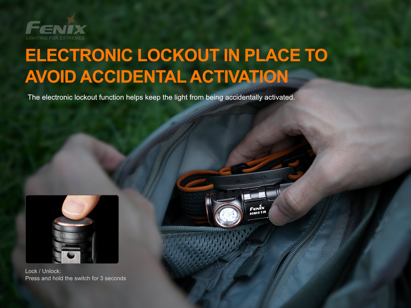 Fenix HM51R Ruby V3.0 elektronický zámok proti náhodnému zapnutiu podržaním tlačidla 3 sekundy pri balení do batoha