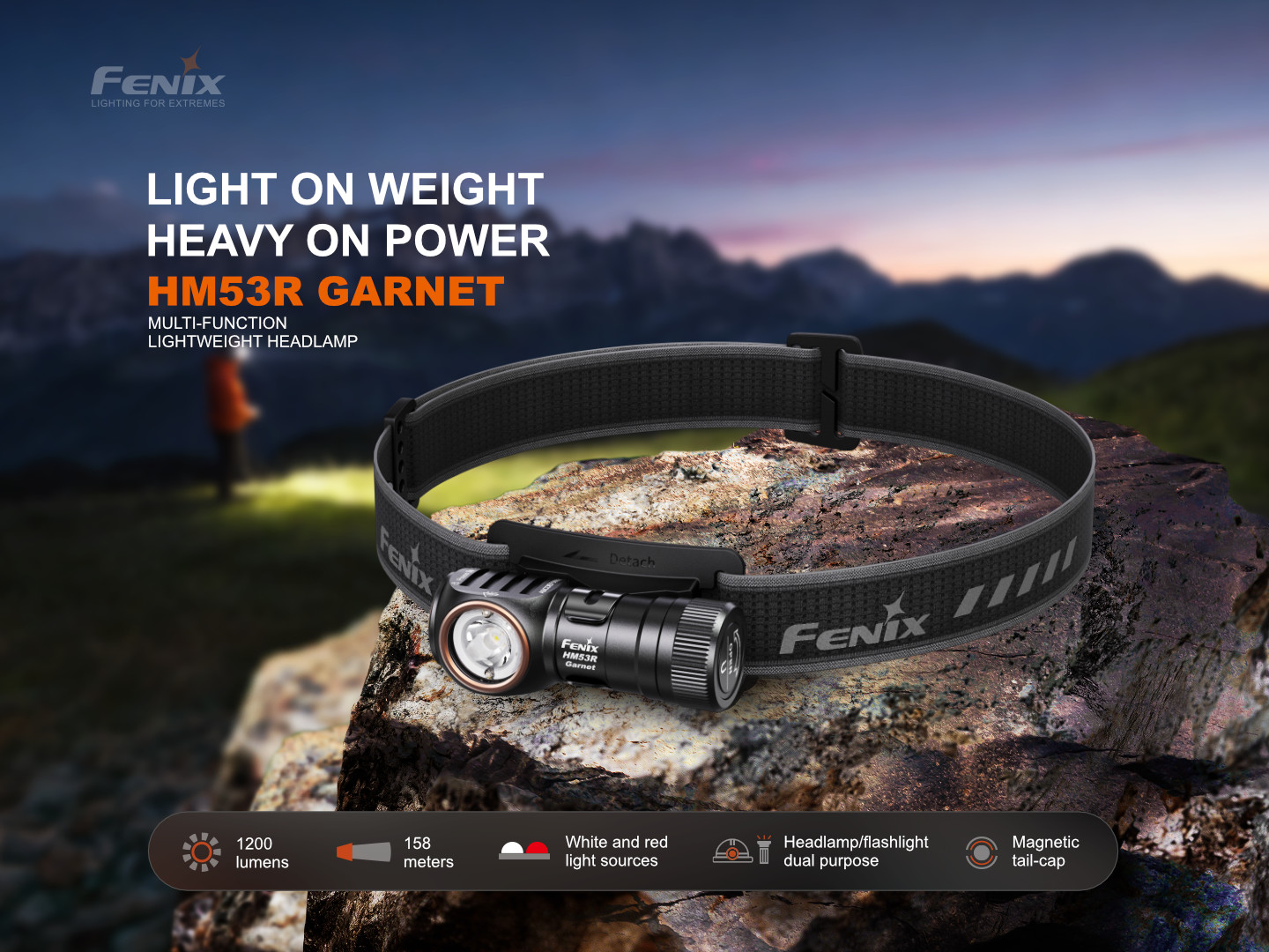 Fenix HM53R Garnet ľahká multifunkčná čelovka s výkonom 1200 lúmenov a dosvitom 158 metrov na skale v horách