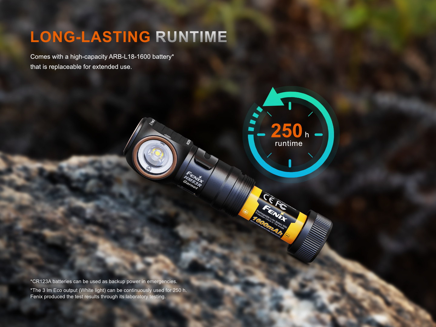 Fenix HM53R Garnet s vymeniteľným akumulátorom 18350 s kapacitou 1600 mAh, výdrž až 250 hodín na 3 lúmenoch