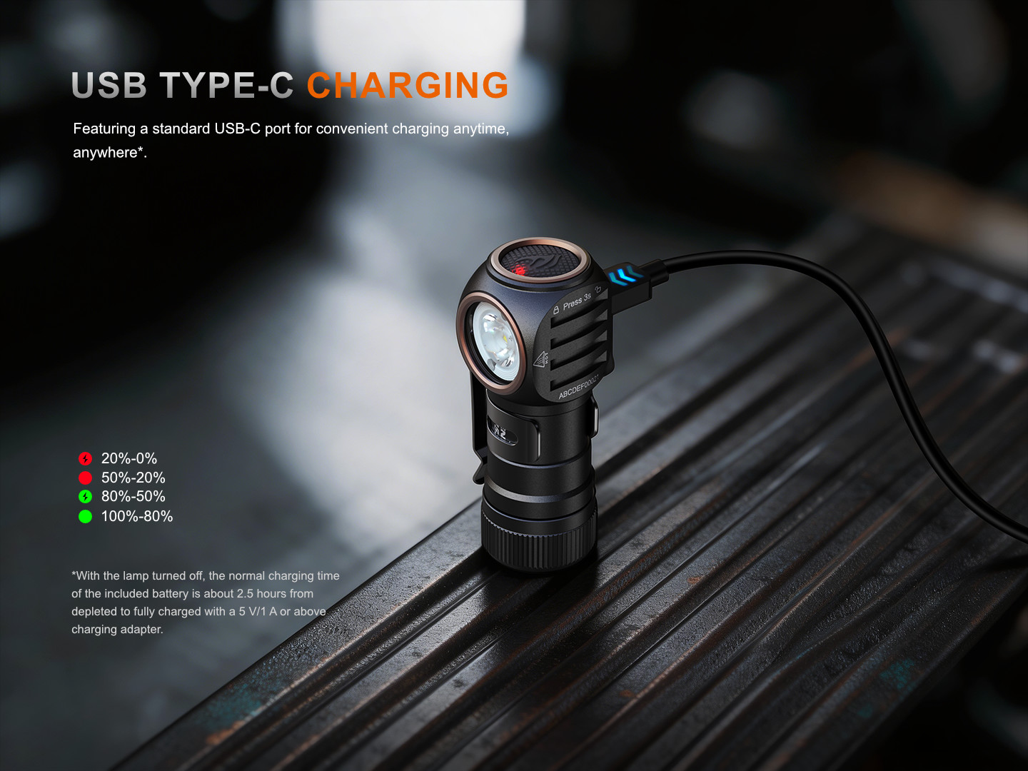 Fenix HM53R Garnet nabíjanie cez port USB-C na boku hlavy, indikátor stavu akumulátora v tlačidle, 2,5 hodiny