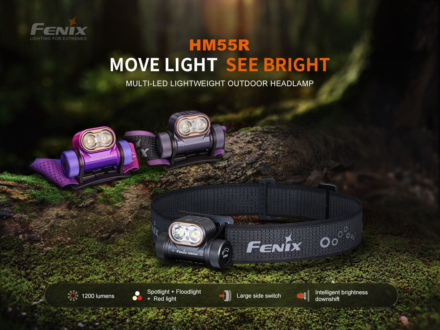 Fenix HM55R ľahká outdoorová čelovka s tromi svetlami a výkonom 1200 lúmenov, tri farby na machu v lese