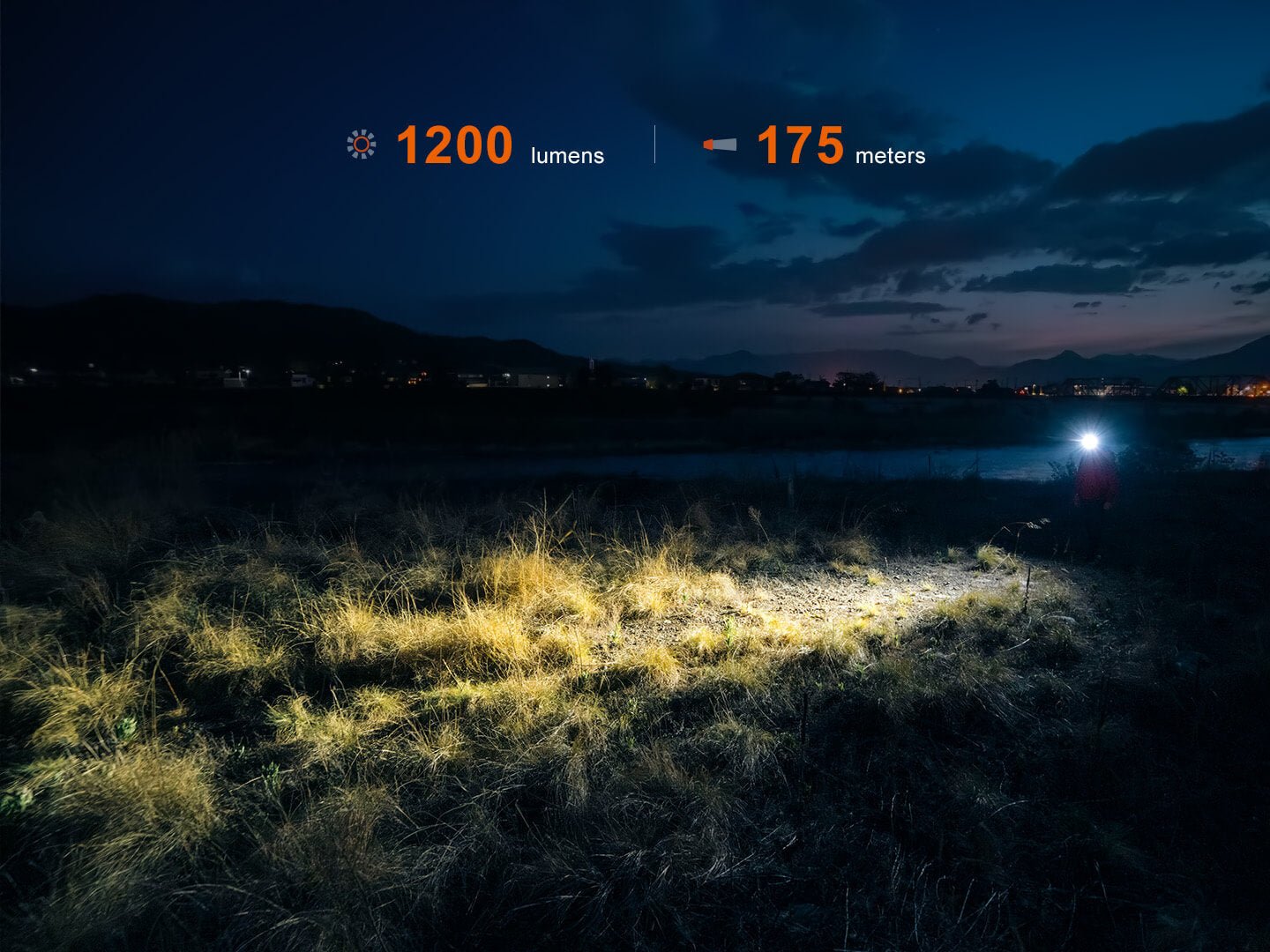 Fenix HM55R svieti 1200 lúmenmi na 175 metrov za súmraku pri rieke, kužeľ svetla osvetľuje trávu pred turistom